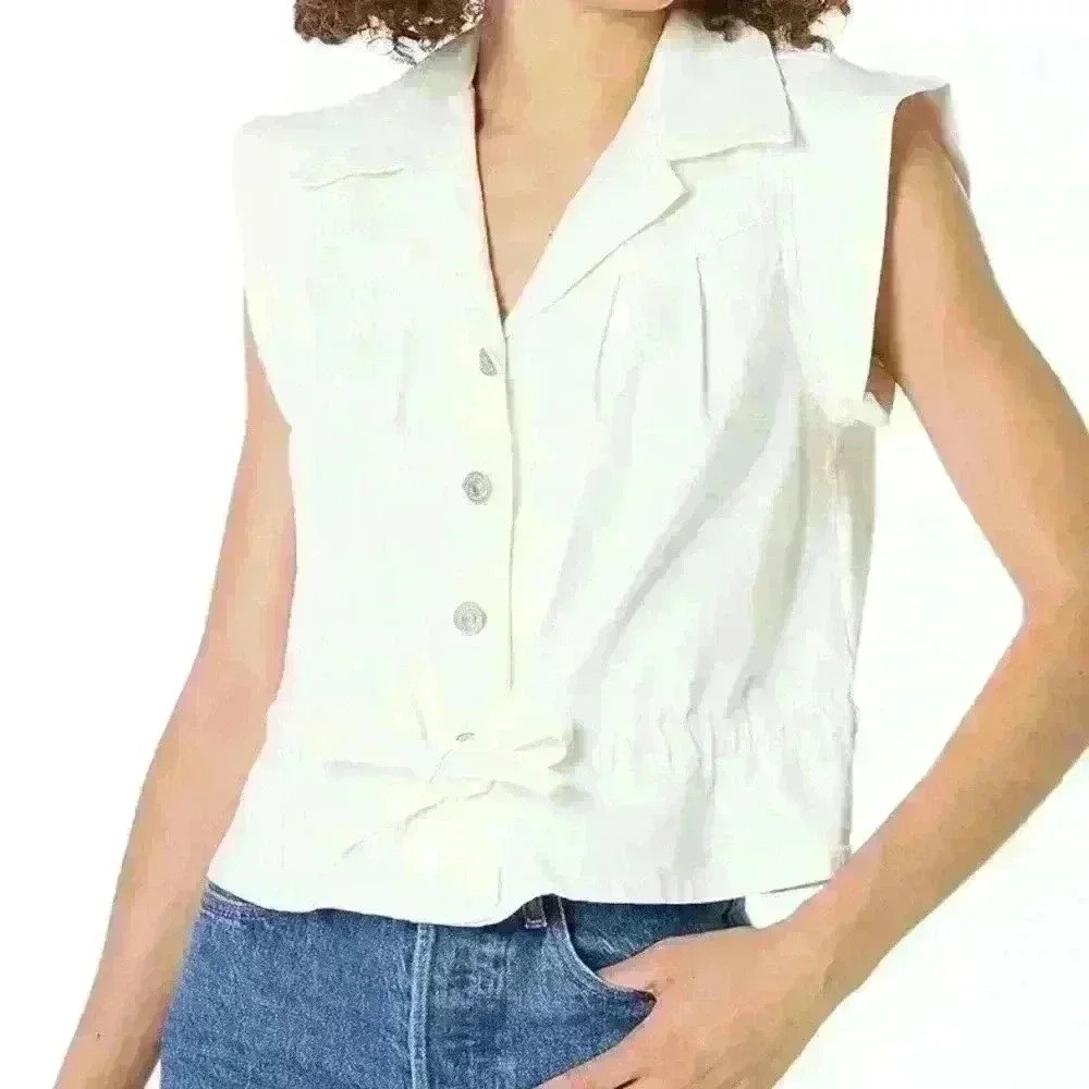 7‎ For All Mankind White Sleeveless Belted Shirt Size M